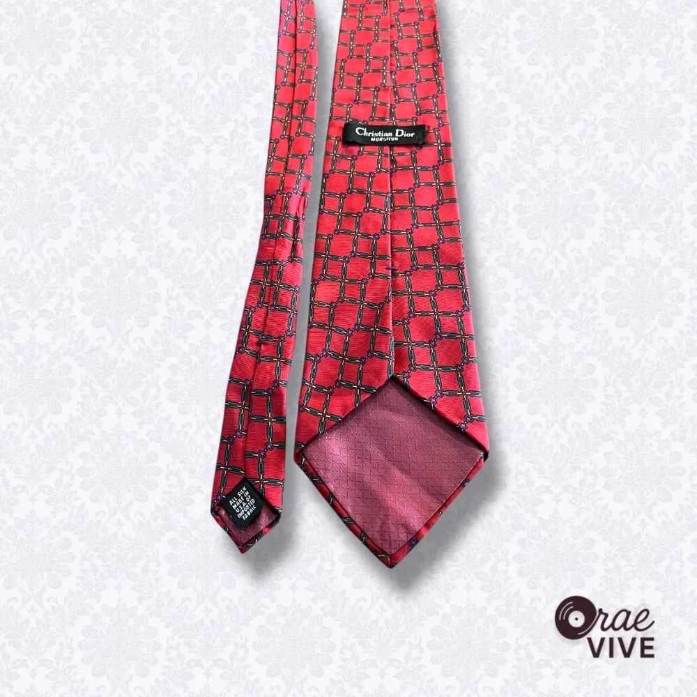 Christian Dior Monsieur Red Silk Tie Geometric Chain Print Made in USA